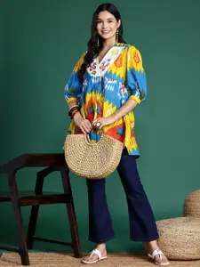 Sangria Printed Puff Sleeves Angrakha Style Ethnic Cotton Top