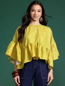 Sangria Lime Green Ethnic Motif Bell Sleeve Top