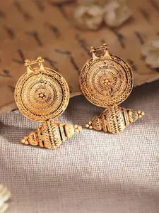 Rubans 18K Gold-Plated Antique Textured Coin & Bead Motif Traditional Drop Earrings
