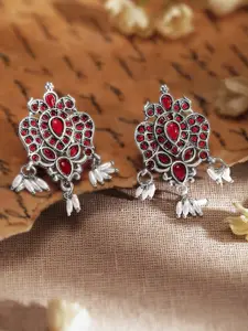 Rubans Silver-Plated Artificial Stone Studded & Beads Beaded Ethnic Drop Earrings