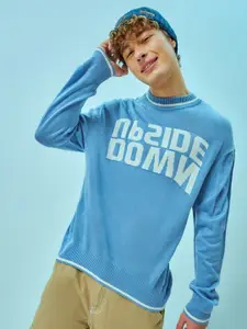 Bewakoof Blue Typography Printed Long Sleeves Acrylic Flatknit Pullover Sweater
