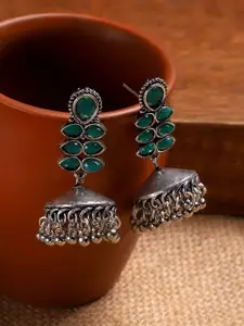 Sangria Silver-Toned & Green Contemporary Jhumkas Earrings