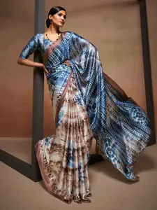 elora Blue Colourblocked Satin Designer Saree