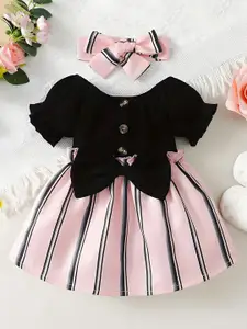 BAESD Girls Striped Puff Sleeves Bow Detail Fit & Flare Dress