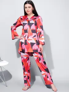 Bannos Swagger Pink & Black Abstract Printed V-Neck Night Suit