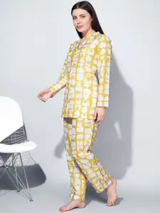 Bannos Swagger Yellow & White Abstract Printed Button Down Detail Night Suit