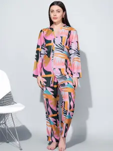 Bannos Swagger Pink & Green Tropical Printed Night Suit