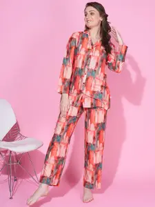 Bannos Swagger Pink & Green Abstract Printed Button Down Detailing Night suit