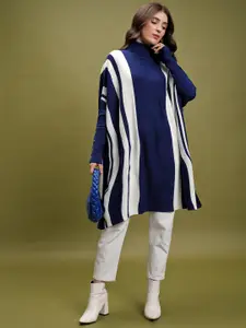 Tokyo Talkies Women Navy Blue Striped Longline Pullover