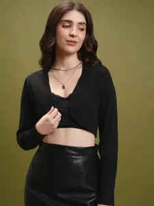 Tokyo Talkies Black Collarless Slim Fit Cropped Acrylic Bolero Cardigan Sweaters