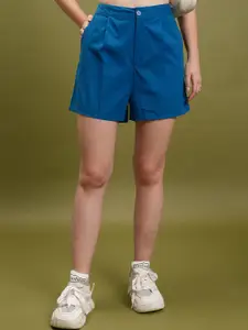 Tokyo Talkies Women Blue Mid Rise Cotton Shorts