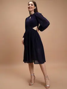 Tokyo Talkies Navy Blue Self Design Cut Out Fit & Flare Midi Dress