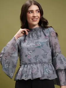 Tokyo Talkies Grey Floral Printed High Neck Bell Sleeves Ruffles Peplum Top