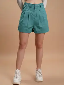 Tokyo Talkies Women Sea Green Mid Rise Cotton Shorts
