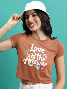 Tokyo Talkies Brown Typography Printed Crop T-shirt