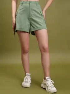 Tokyo Talkies Women Green Mid Rise Cotton Shorts