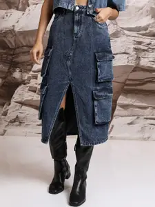 Tokyo Talkies A-Line Pure Cotton Denim Cargo Midi Skirt