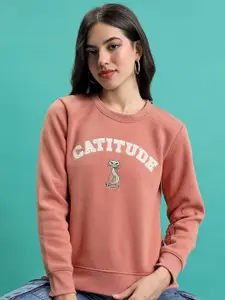 Tokyo Talkies Rose Pink Typography Printed Pullover Sweatshirt