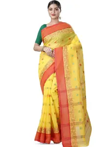 DipDiya Yellow Pure Cotton Handloom Taant Saree