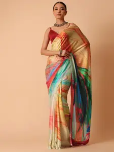 KALKI Fashion Abstract Printed Beads & Stones Detailed Satin Saree