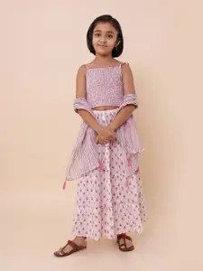 Sangria Girls Floral Printed Pure Cotton Lehenga Choli With Dupatta