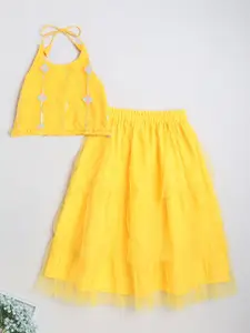 The Magic Wand Girls Yellow Embroidered Ready to Wear Lehenga & Blouse