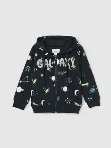 max Girls Typography Printed Hooded Front-Open Sweatshirt