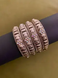 ATIBELLE Set Of 4 Silver Plated Stones Studded Floral Shaped Bangles