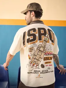 The Souled Store Off White Typography Printed Polo Collar Oversized Pure Cotton T-shirt