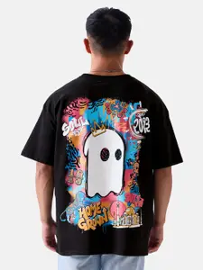 The Souled Store Black Graphic Printed Drop-Shoulder Sleeves Oversized Pure Cotton T-shirt