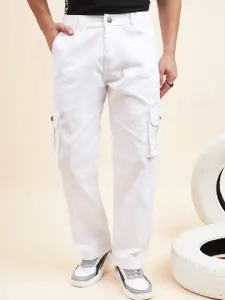 Kook N Keech Men White Relaxed Straight Leg Loose Fit High-Rise Cargos Trousers