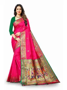 NIWAA Pink & Orange Embellished Silk Blend Designer Paithani Saree