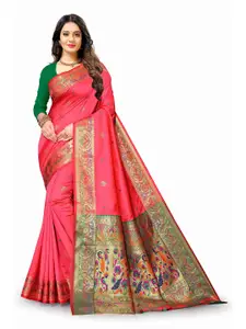 NIWAA Pink & Orange Embellished Silk Blend Designer Paithani Saree