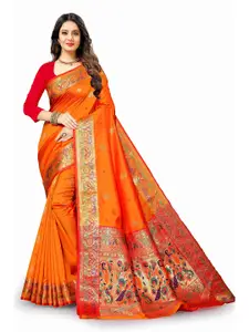 NIWAA Orange & Teal Embellished Silk Blend Designer Paithani Saree