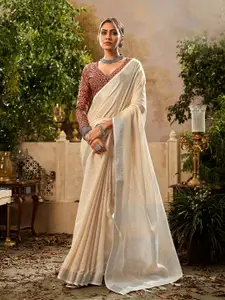 elora Cream-Coloured Zari Linen Blend Handloom Khadi Saree