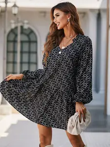 StyleCast Black Geometric Printed Puff Sleeves A-Line Dress