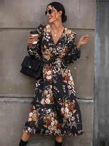 StyleCast Black Floral Print Midi Fit and Flare Dress