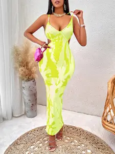 StyleCast Yellow Abstract Print Shoulder Strap Bodycon Midi Dress