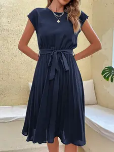 StyleCast Navy Blue Extended Sleeves Accordion Pleats A-Line Knee Length Dress