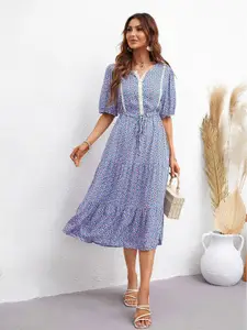 StyleCast Blue Geometric Printed Puff Sleeve Layered A-Line Midi Dress