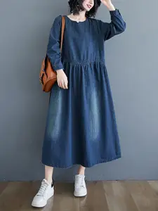 StyleCast Blue Frayed Denim A-Line Cotton Midi Dress