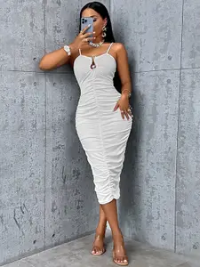 StyleCast White Shoulder Straps Ruched Bodycon Midi Dress