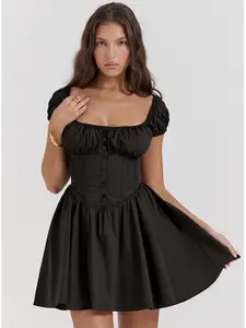 StyleCast Black Square Neck Puff Sleeves Fit & Flare Mini Dress