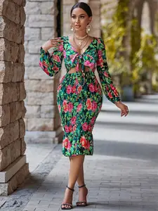 StyleCast Green Floral Printed V-Neck Puff Sleeves Cut-Outs Detail Bodycon Midi Dress
