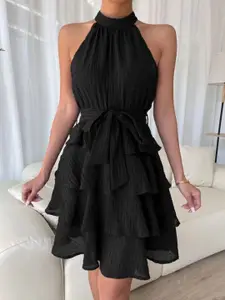 StyleCast Black Tie-Up Neck Layered Fit & Flare Mini Dress