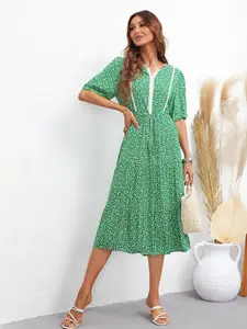 StyleCast Green Ethnic Motifs Printed Layered A-Line Midi Dress