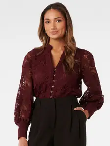 Forever New Floral Laced Cuffed Sleeves Shirt Style Top