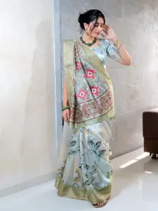 NIWAA Teal Floral Zari Silk Blend Kanjeevaram Saree