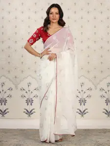 Ode by House of Pataudi White Sequinned Poly Georgette Designer Saree
