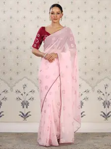 Ode by House of Pataudi Pink Sequinned Poly Georgette Designer Saree